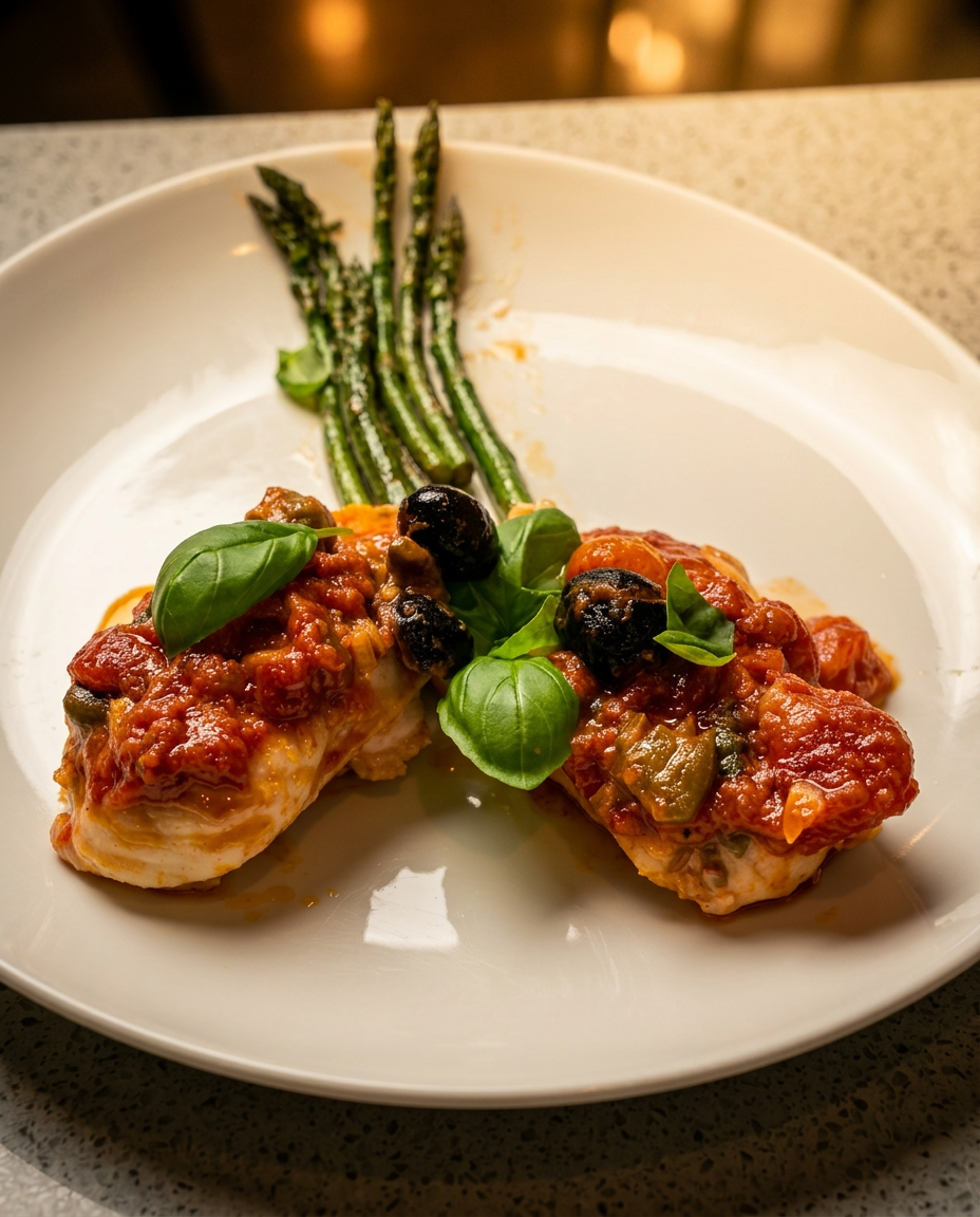 Frischer Fisch mit Tomaten-Oliven-Sugo und grünem Spargel – italienisches Restaurant Koblenz
