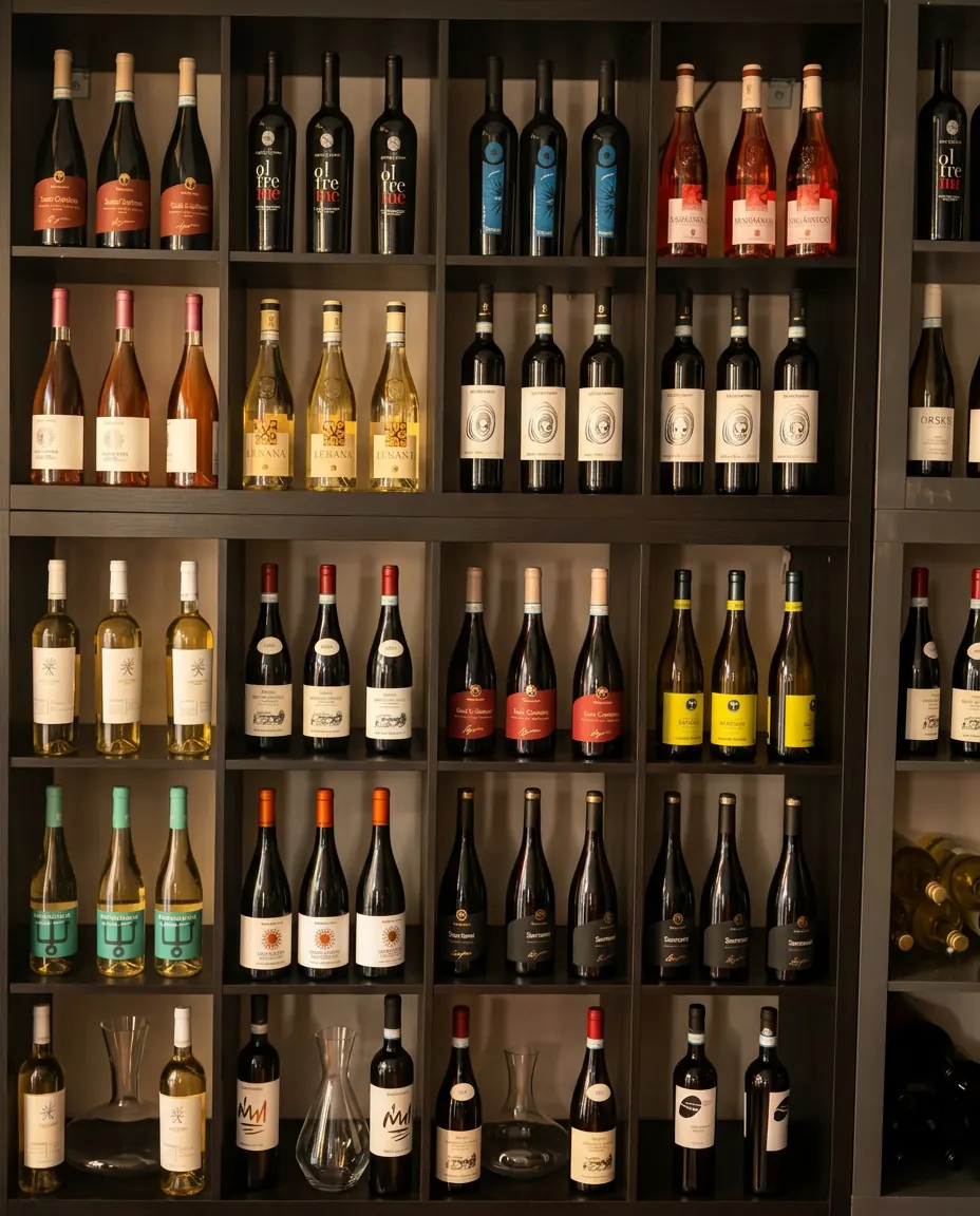 Italienische Weinauswahl im Regal – Trattoria da Raffaele Koblenz